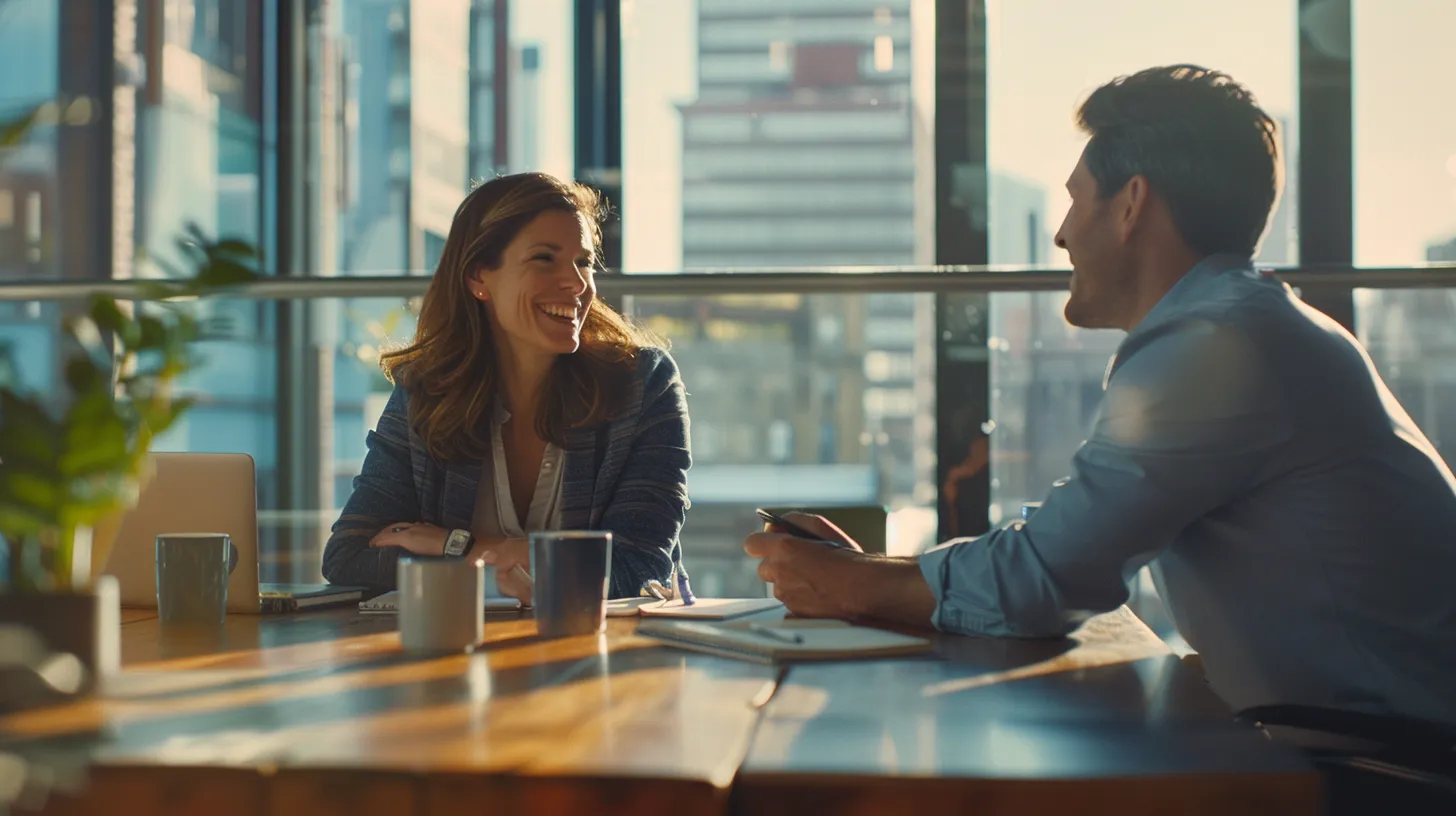 Man and woman sitting at a conference table having an engaging conversation.