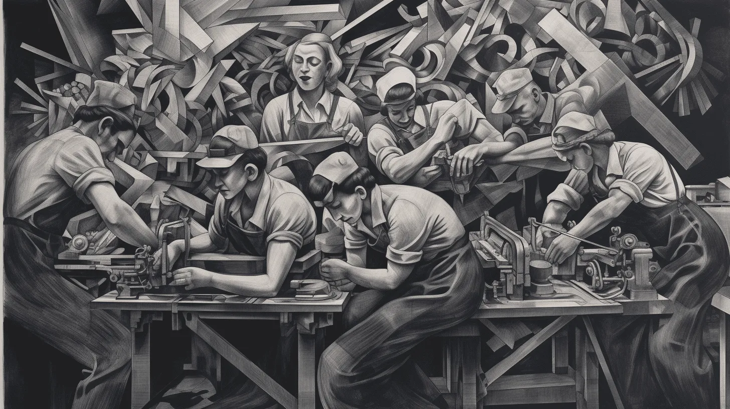 Men and women build a well oiled machine, with chaos in the background