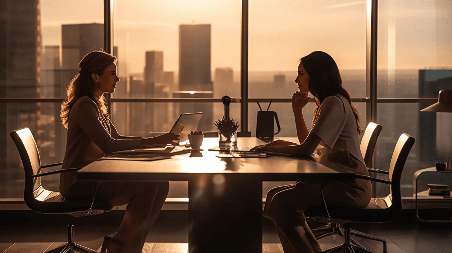 Two women sitting across from each other at a desk in an office.